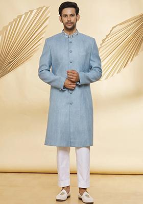 Blue Solid Silk Sherwani for Men