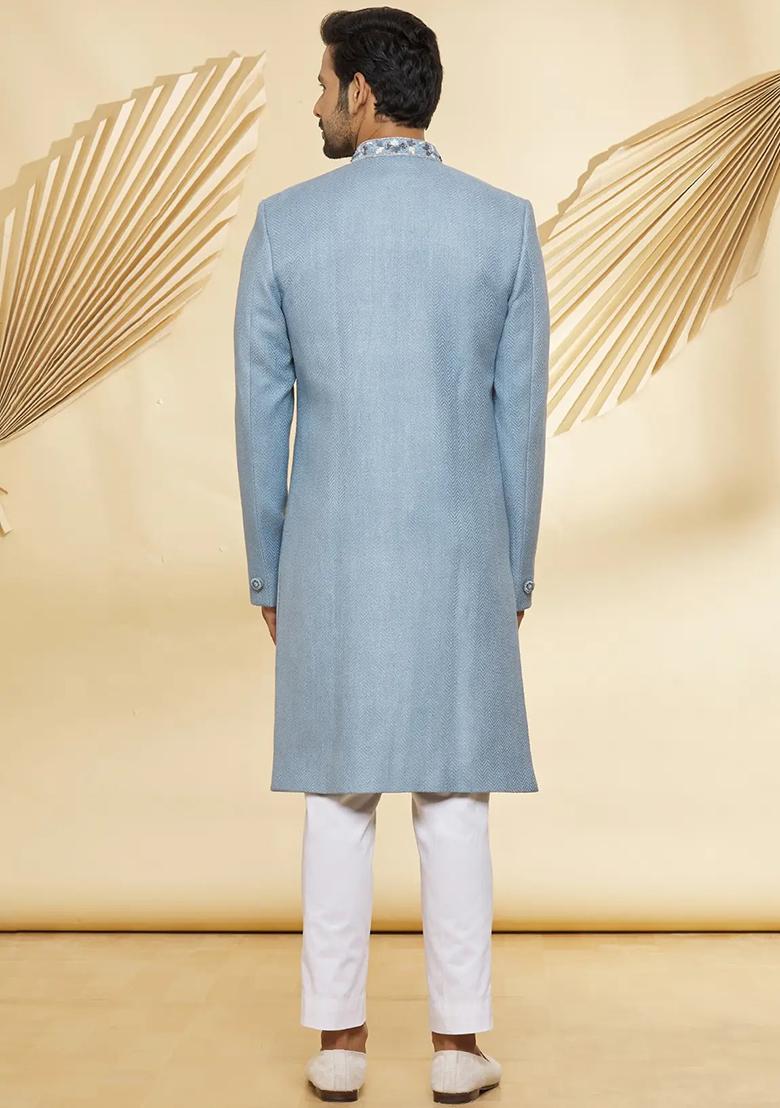Blue Solid Silk Sherwani for Men