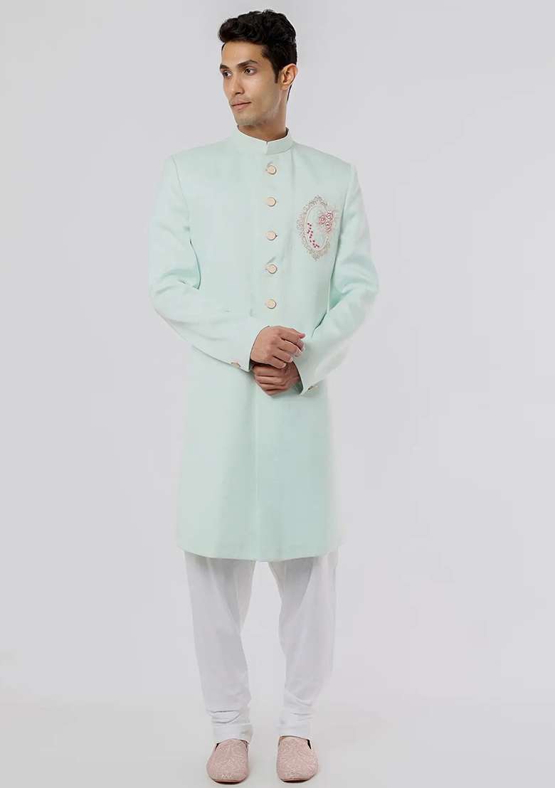 Light Pista Green Solid Silk Blend Sherwani for Men - Indya