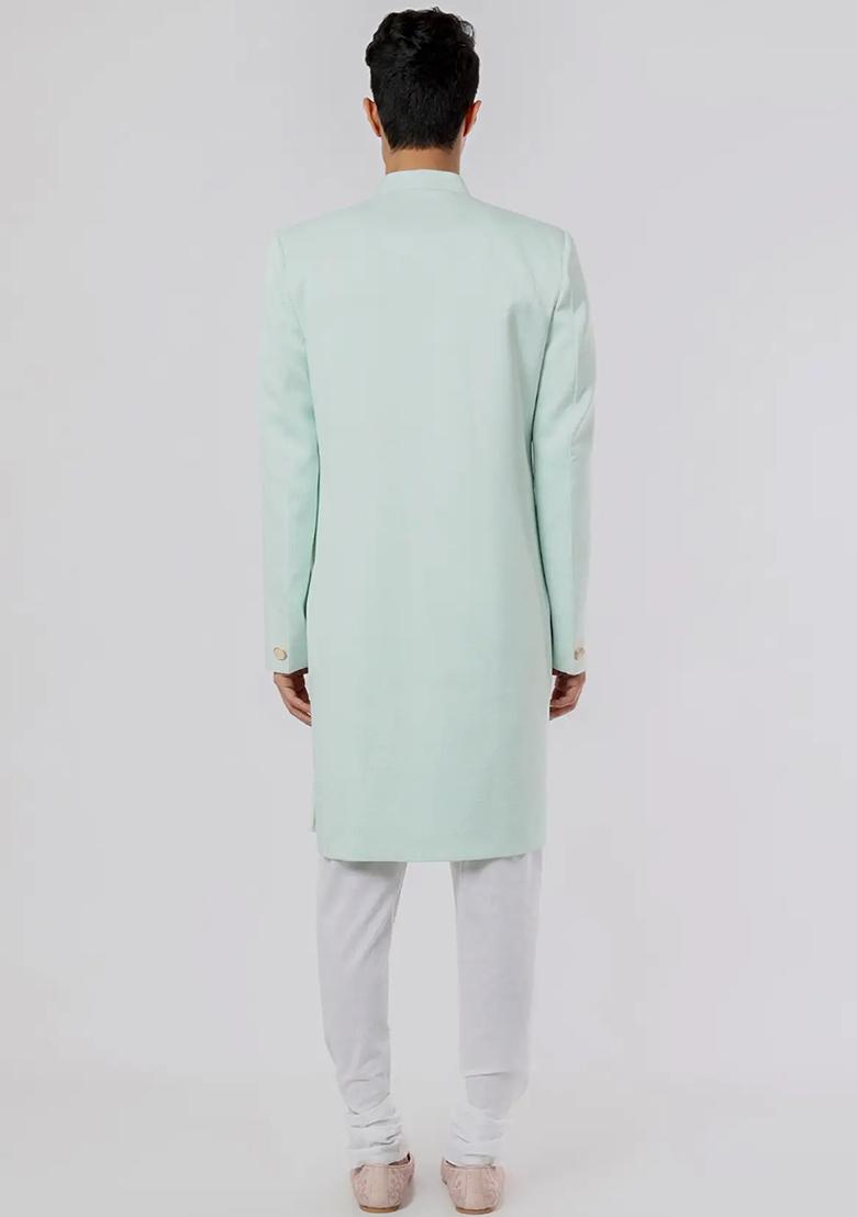 Light Pista Green Solid Silk Sherwani for Men