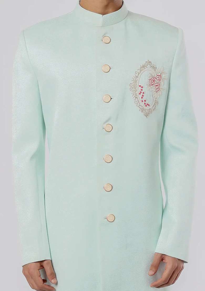 Light Pista Green Solid Silk Blend Sherwani for Men - Indya