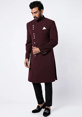 Wine Solid Silk Sherwani for Men