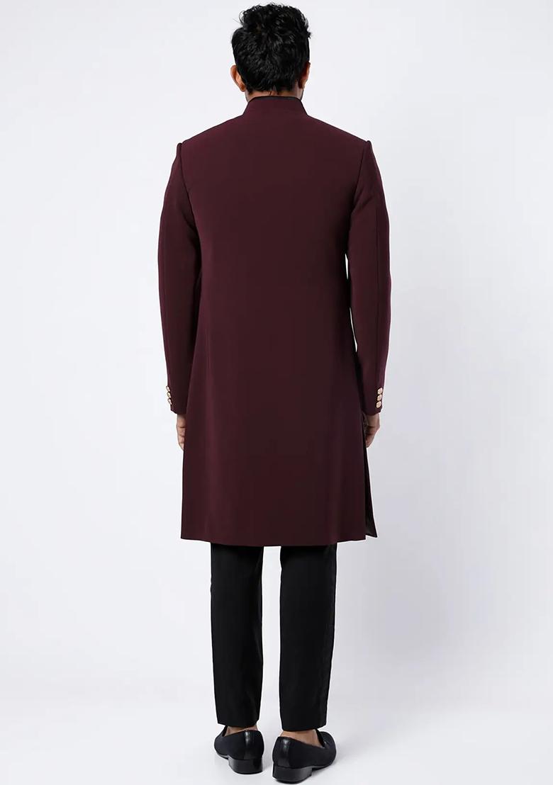 Wine Solid Silk Sherwani for Men