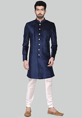 Navy Blue Solid Silk Sherwani for Men