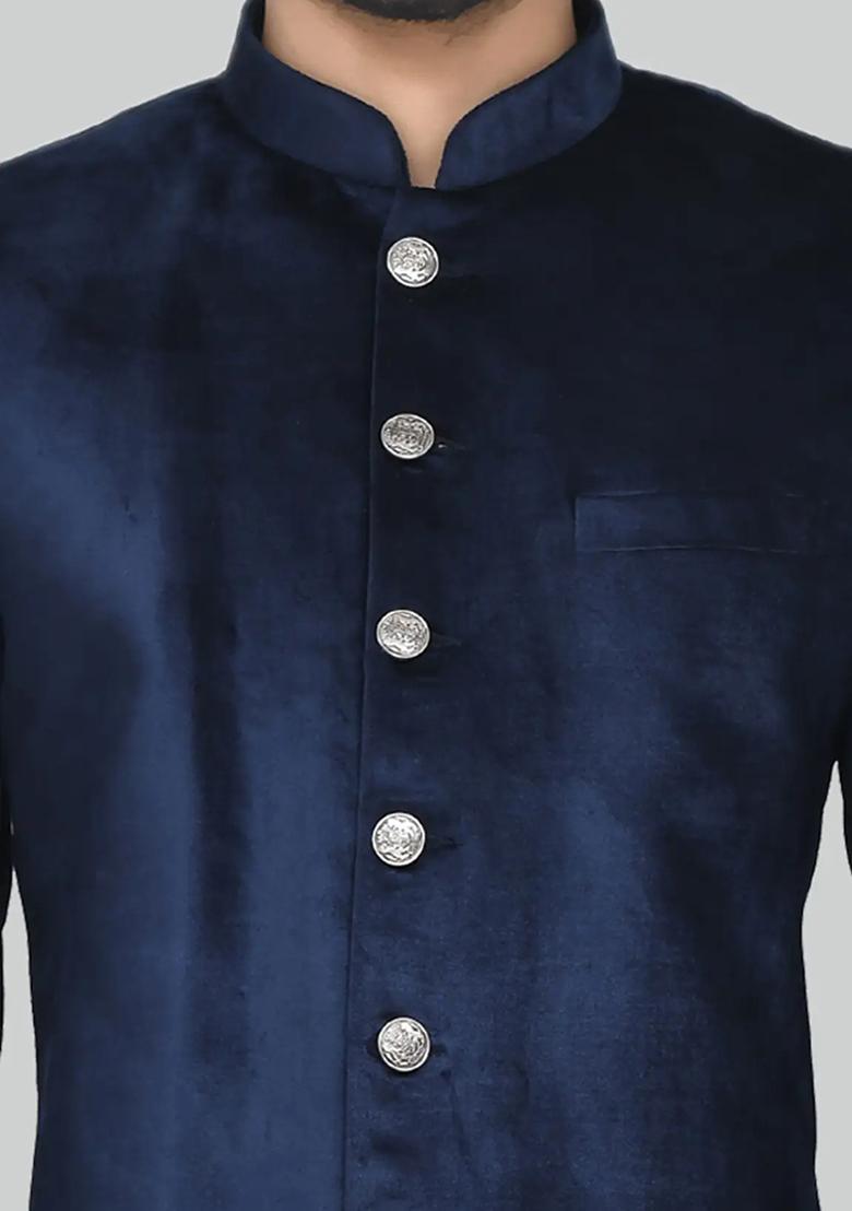 Navy Blue Solid Silk Sherwani for Men