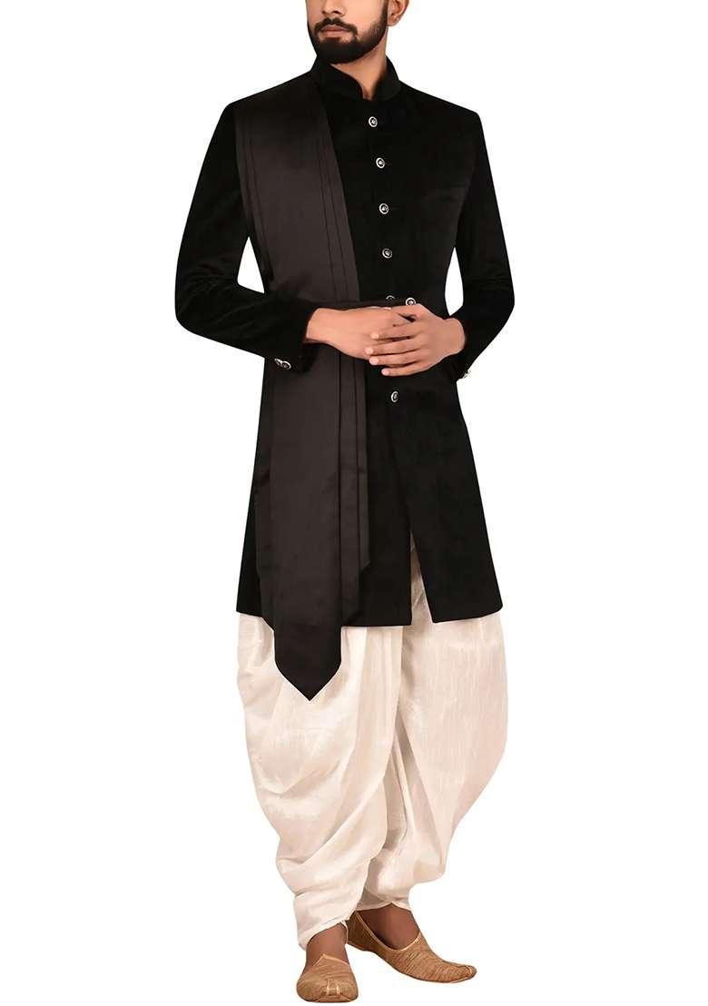 Black Embroidered Silk Blend Sherwani for Men - Indya