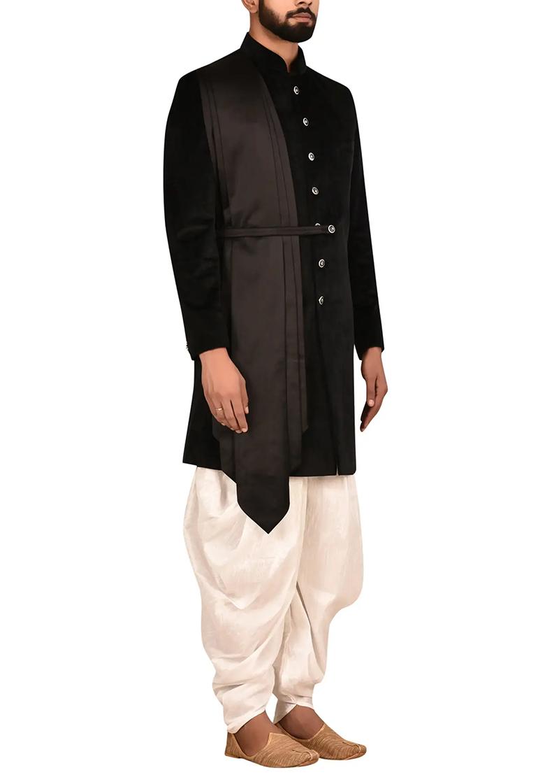 Black Embroidered Silk Sherwani for Men