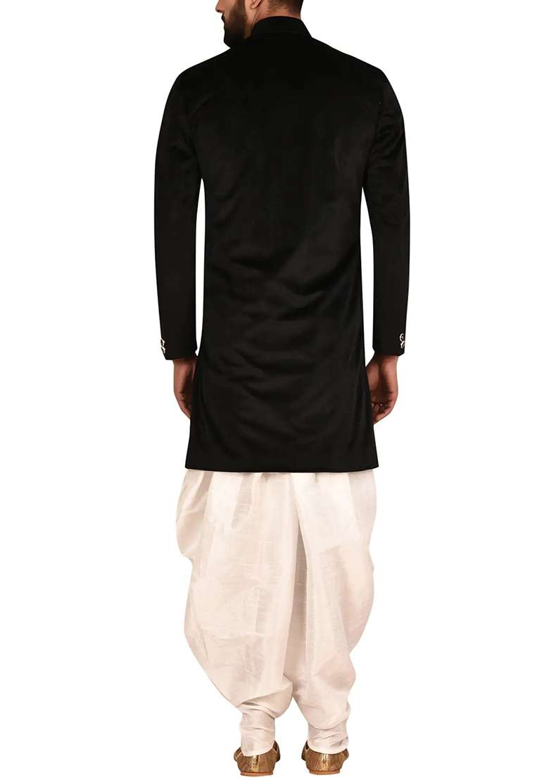 Black Embroidered Silk Blend Sherwani for Men - Indya