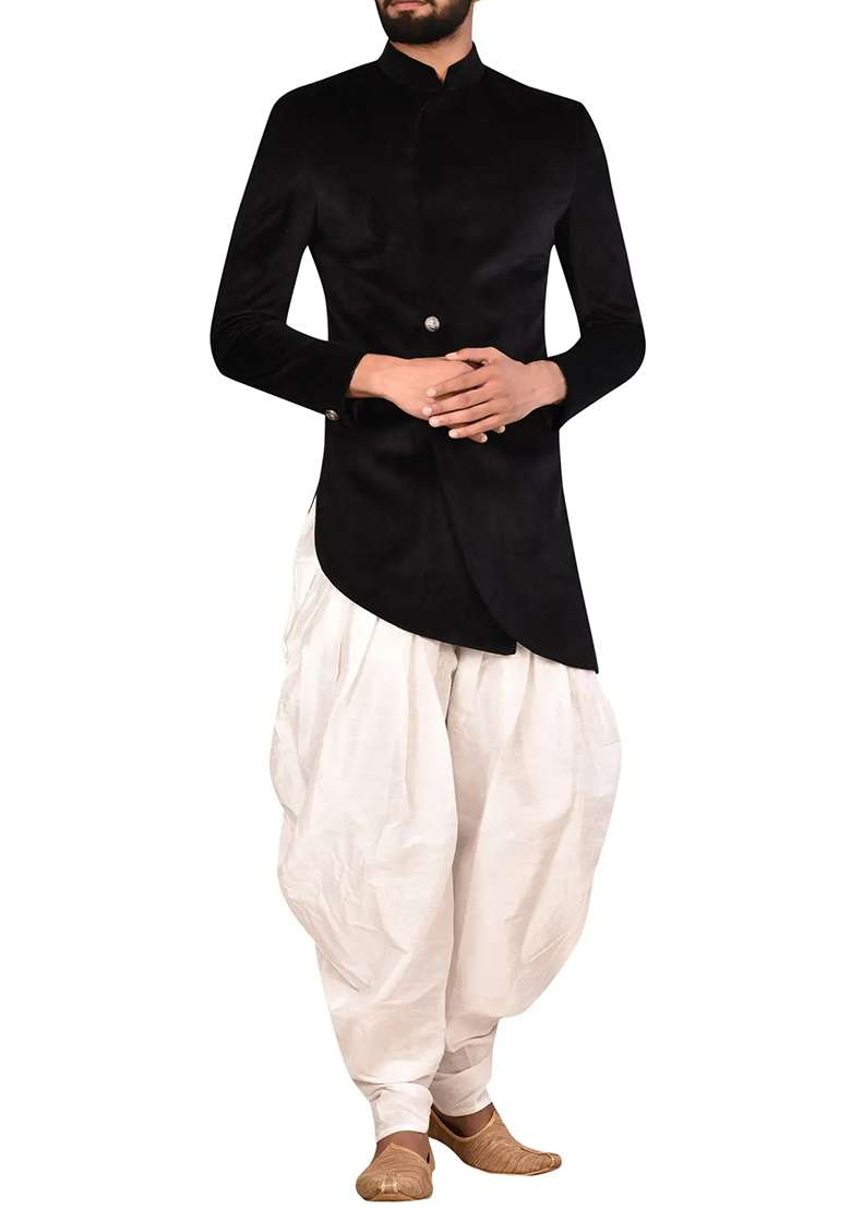Black Embroidered Silk Blend Sherwani for Men - Indya