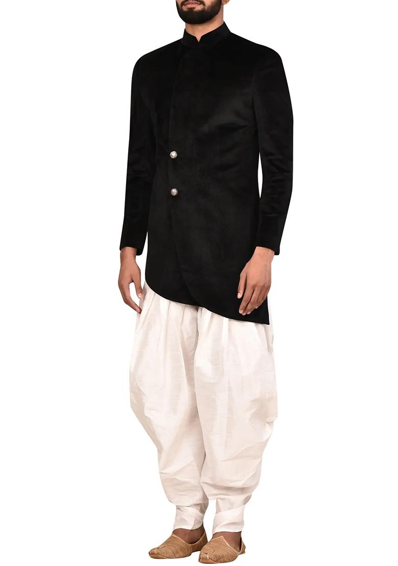 Black Embroidered Silk Sherwani for Men