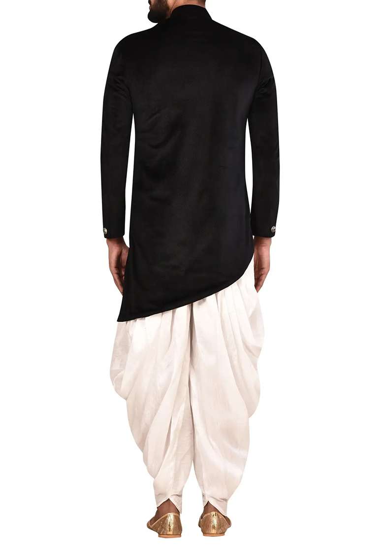 Black Embroidered Silk Blend Sherwani for Men - Indya