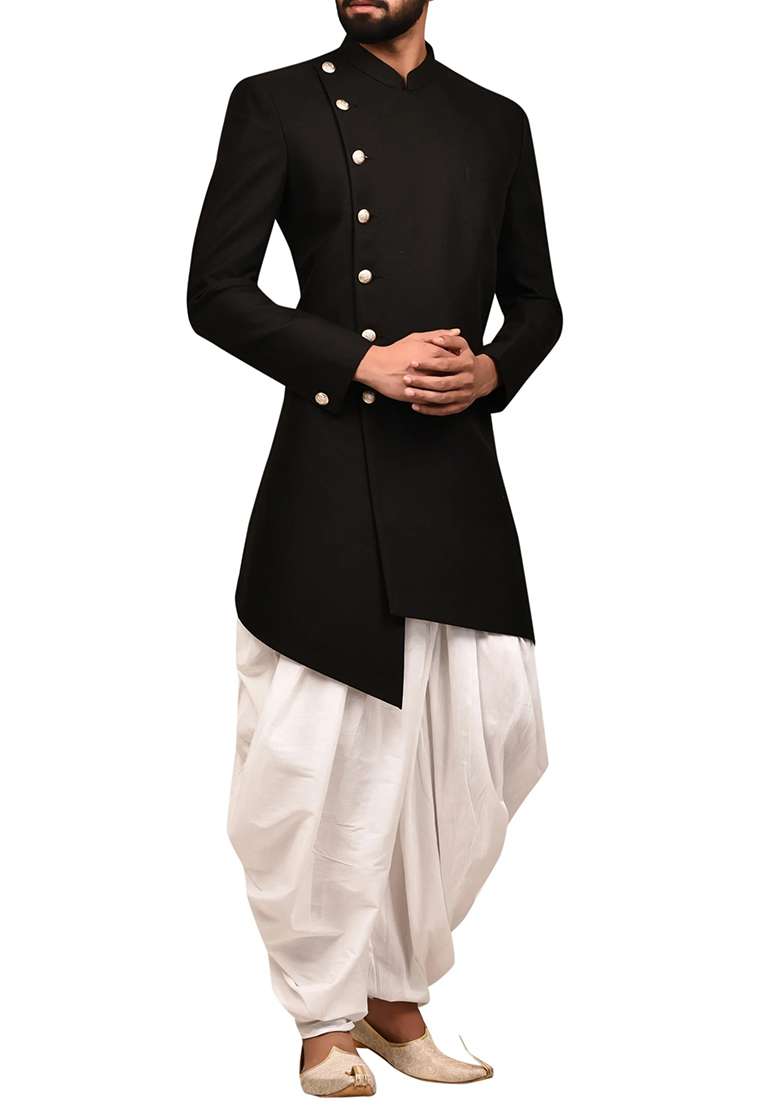 Black Embroidered Silk Blend Sherwani for Men - Indya