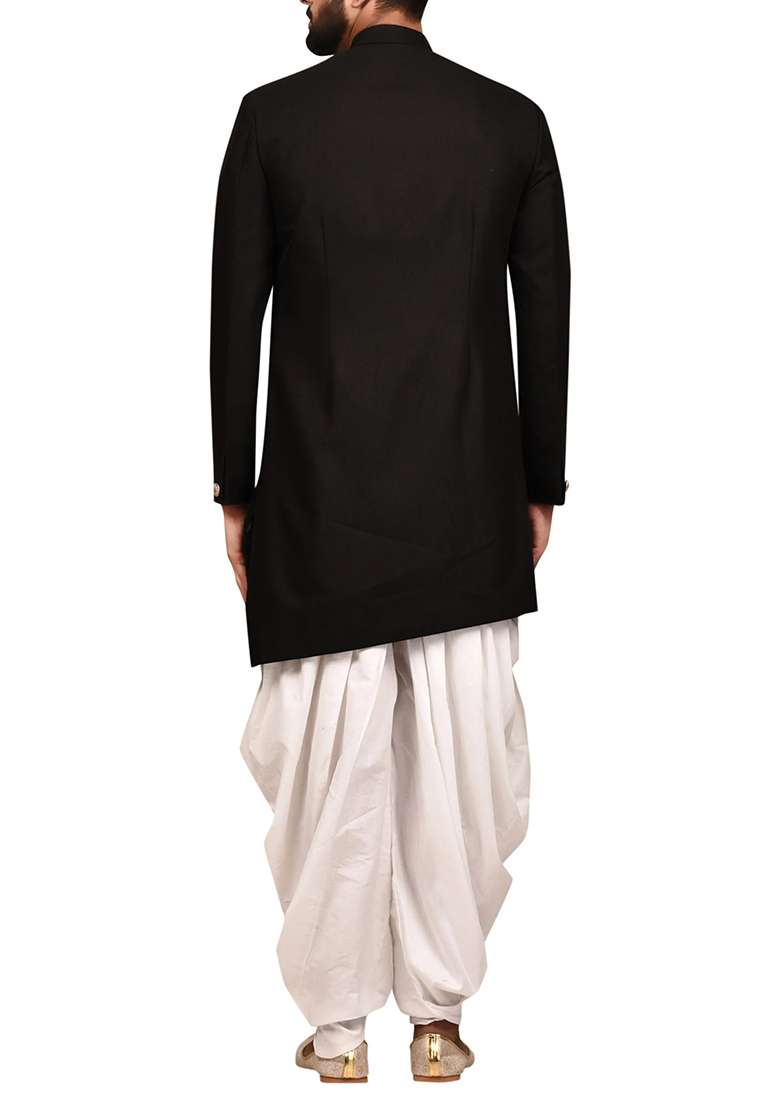 Black Embroidered Silk Blend Sherwani for Men - Indya
