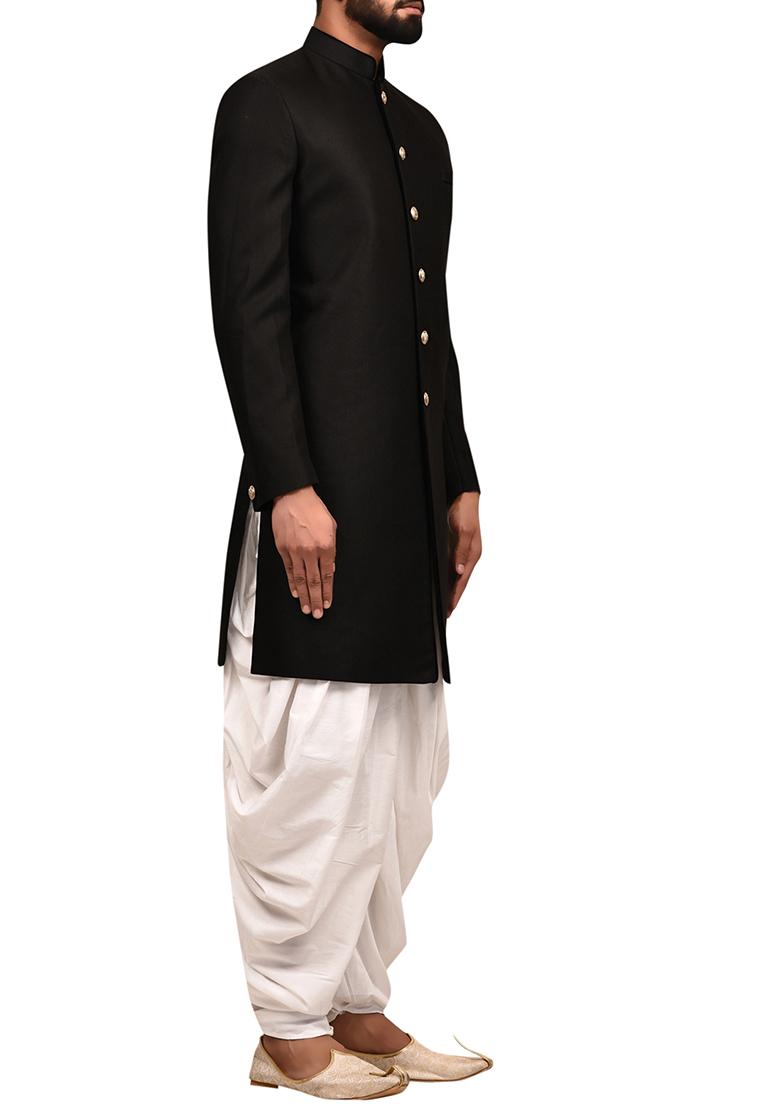 Black Embroidered Silk Sherwani for Men