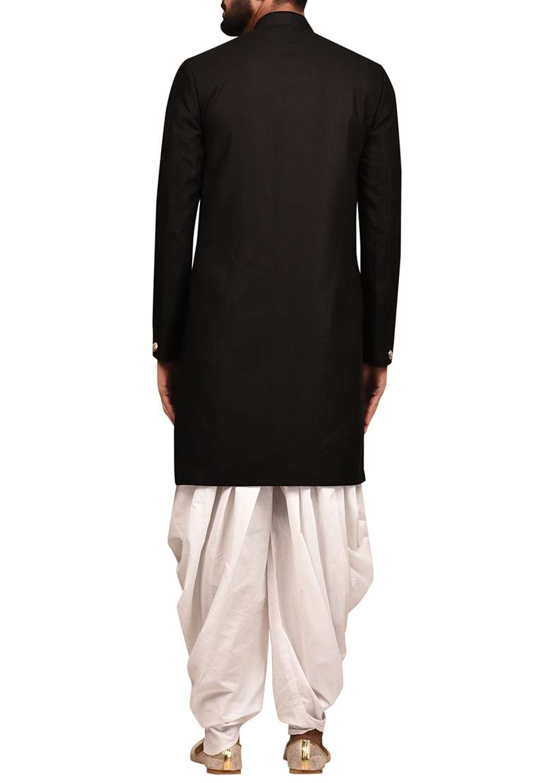 Black Embroidered Silk Blend Sherwani for Men - Indya