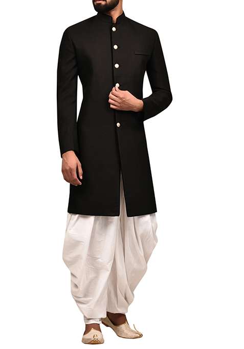 Black Embroidered Silk Blend Sherwani for Men