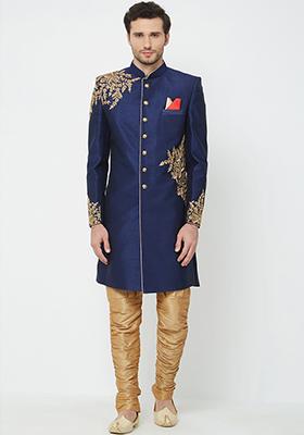 Navy Blue Solid Silk Sherwani for Men