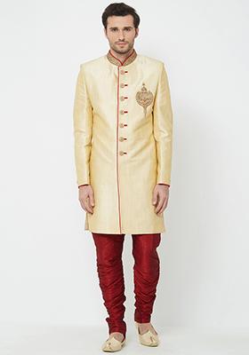 Fawn Yellow Embroidered Silk Sherwani for Men