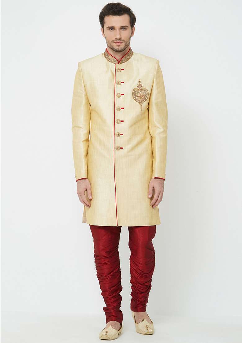 Fawn Yellow Embroidered Silk Blend Sherwani for Men - Indya