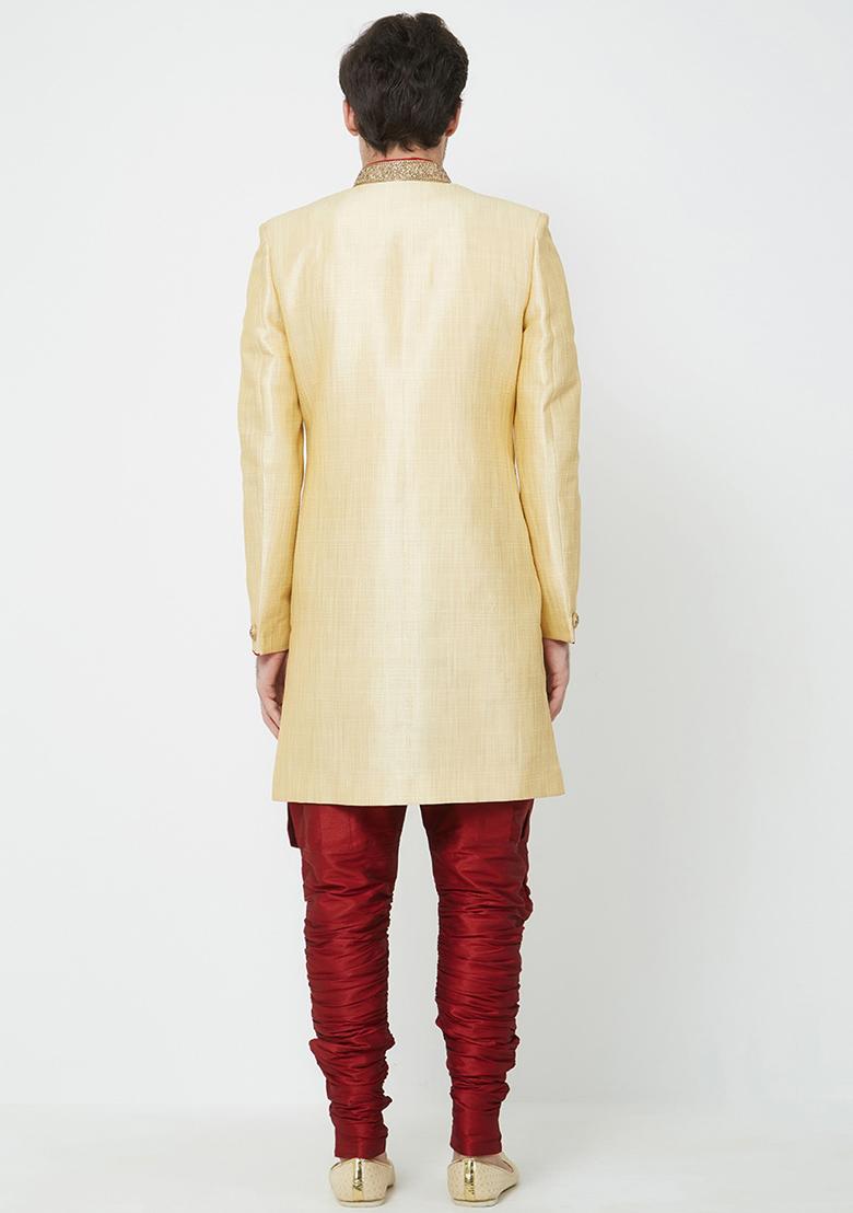 Fawn Yellow Embroidered Silk Sherwani for Men