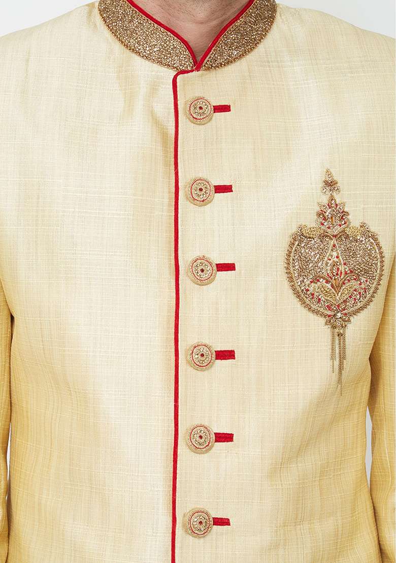 Fawn Yellow Embroidered Silk Blend Sherwani for Men - Indya