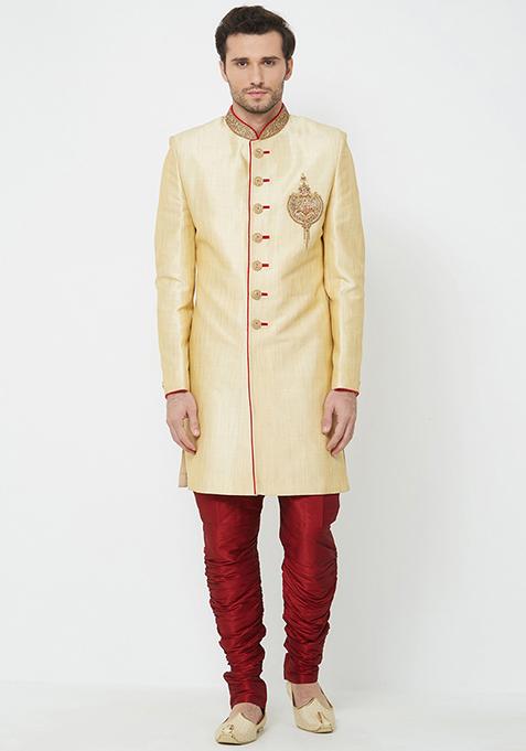 Fawn Yellow Embroidered Silk Sherwani for Men