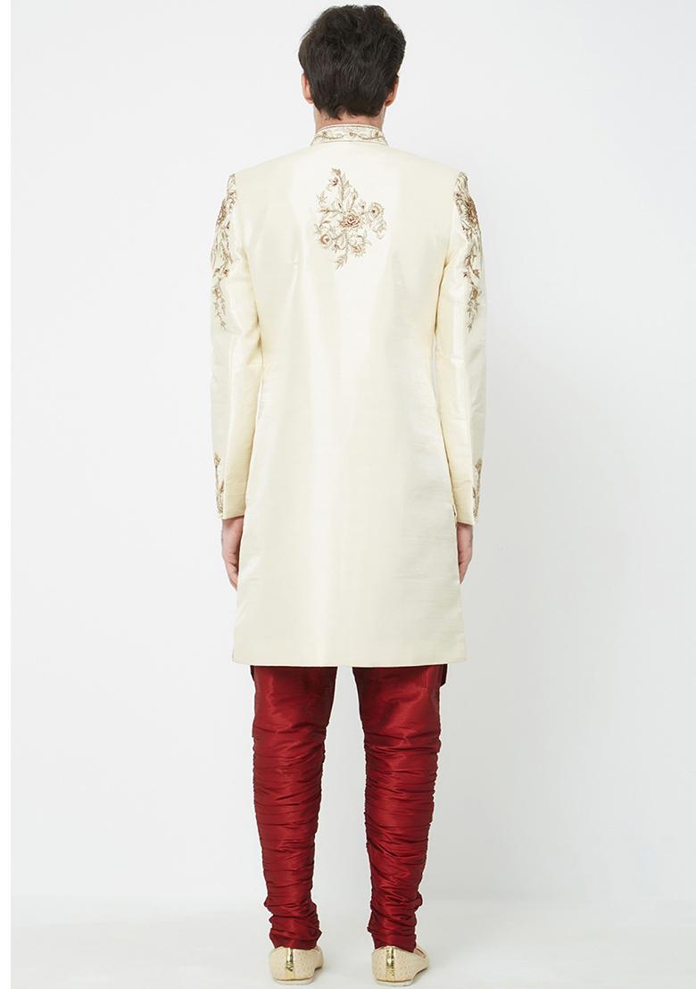 Cream Solid Silk Sherwani for Men