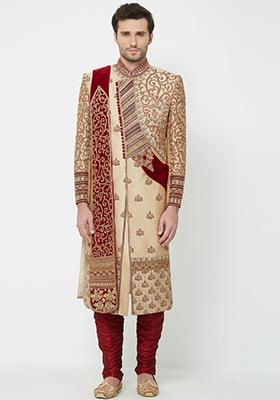 Gold Solid Silk Sherwani for Men