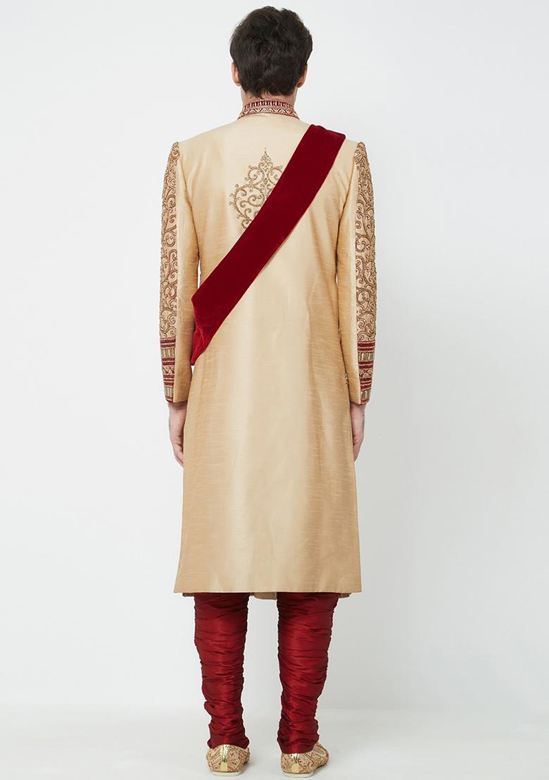 Gold Solid Silk Sherwani for Men