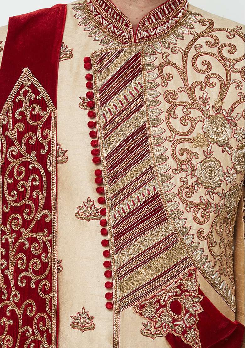 Gold Solid Silk Blend Sherwani for Men - Indya