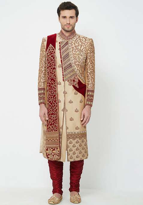 Gold Solid Silk Blend Sherwani for Men