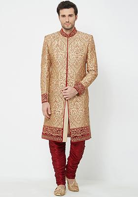Gold Solid Silk Sherwani for Men