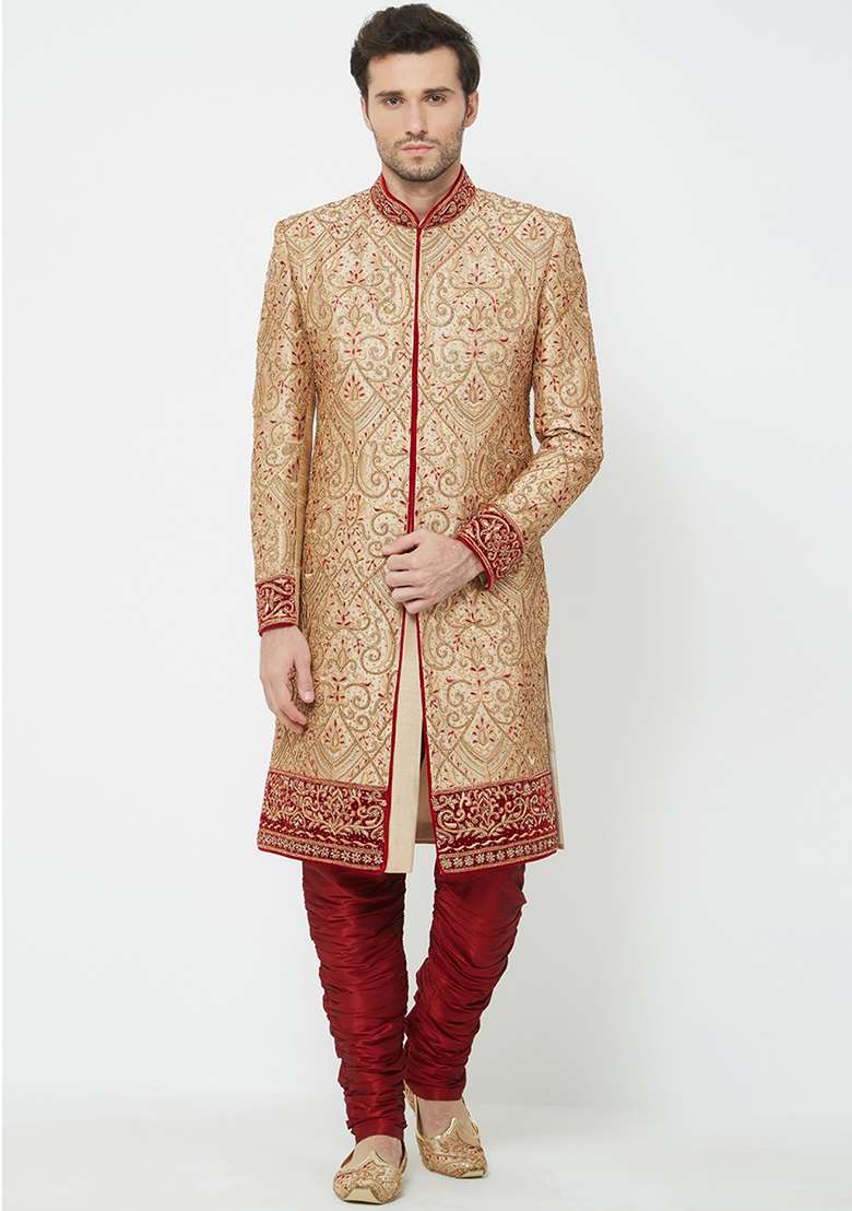 Gold Solid Silk Blend Sherwani for Men - Indya