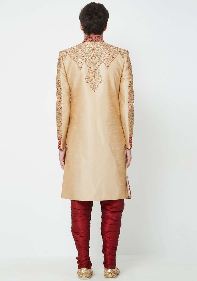 Gold Solid Silk Blend Sherwani for Men - Indya