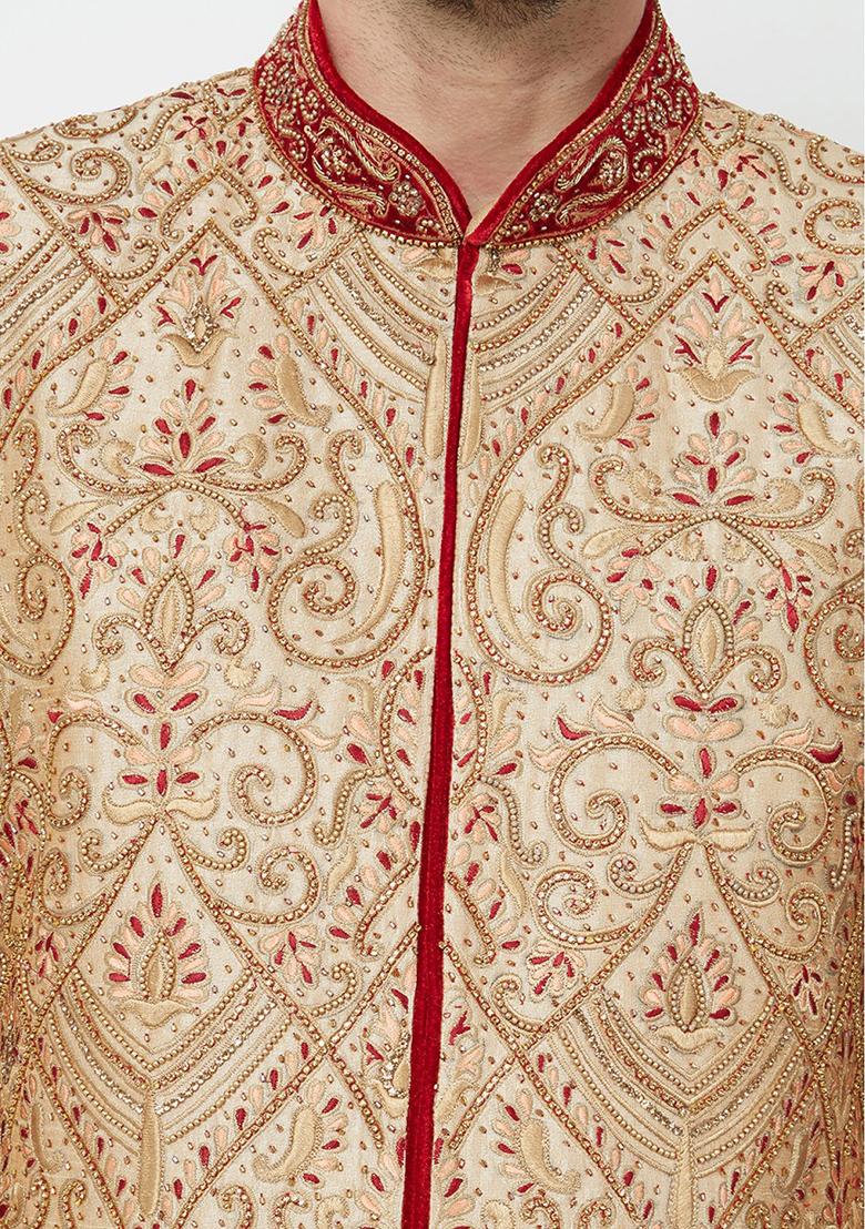 Gold Solid Silk Sherwani for Men