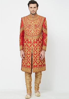 Carrot Red Embroidered Silk Sherwani for Men