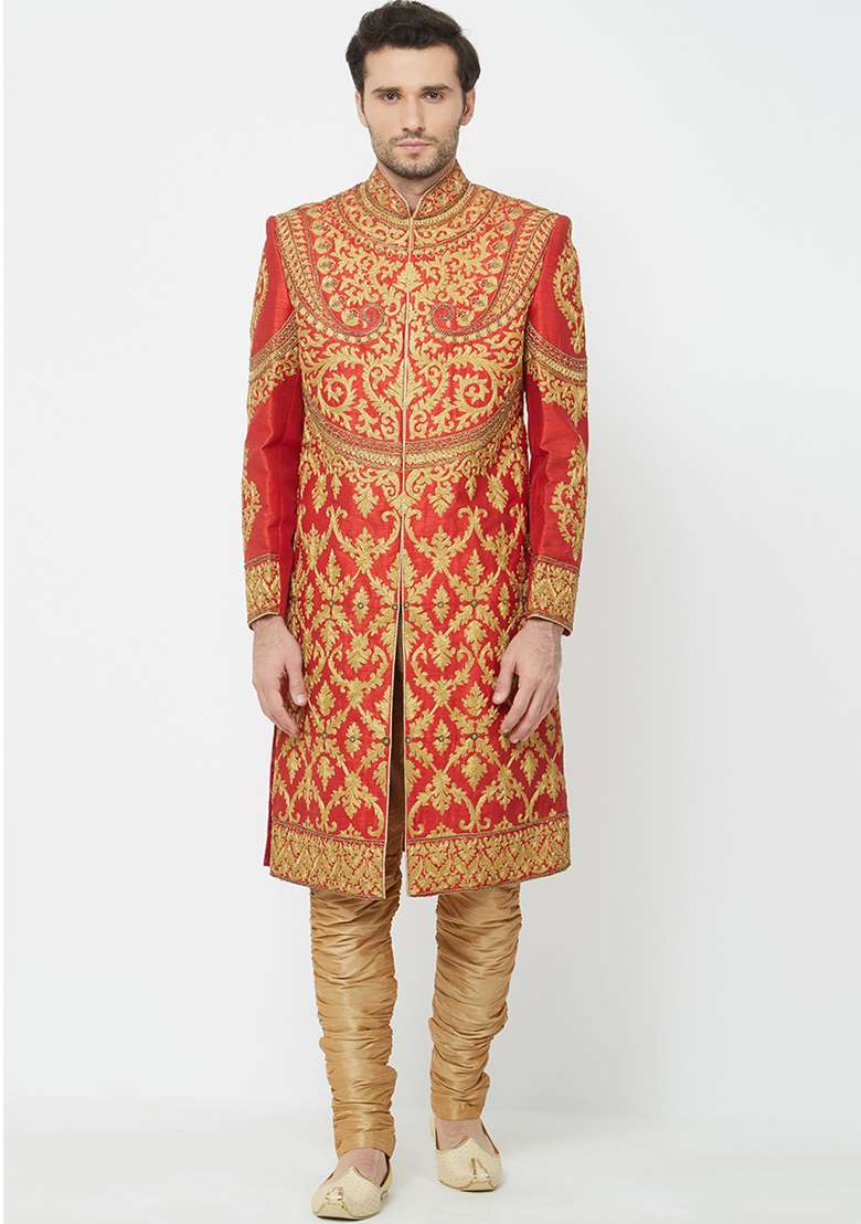Carrot Red Embroidered Silk Blend Sherwani for Men - Indya