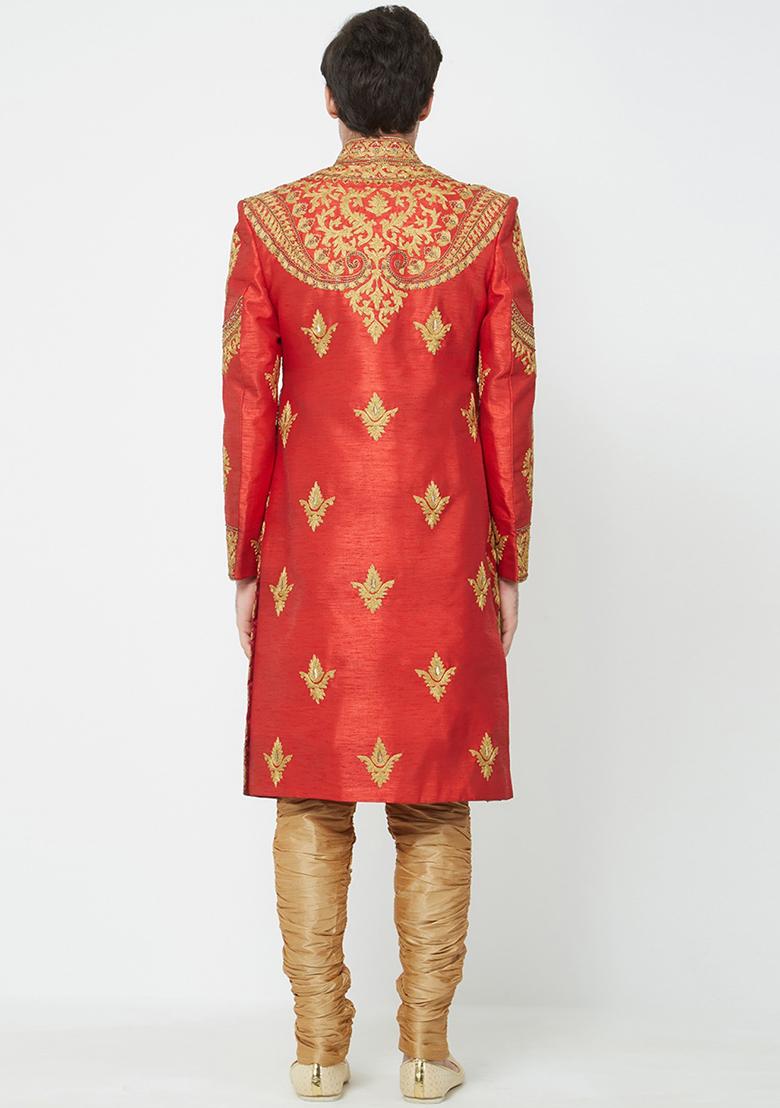 Carrot Red Embroidered Silk Sherwani for Men