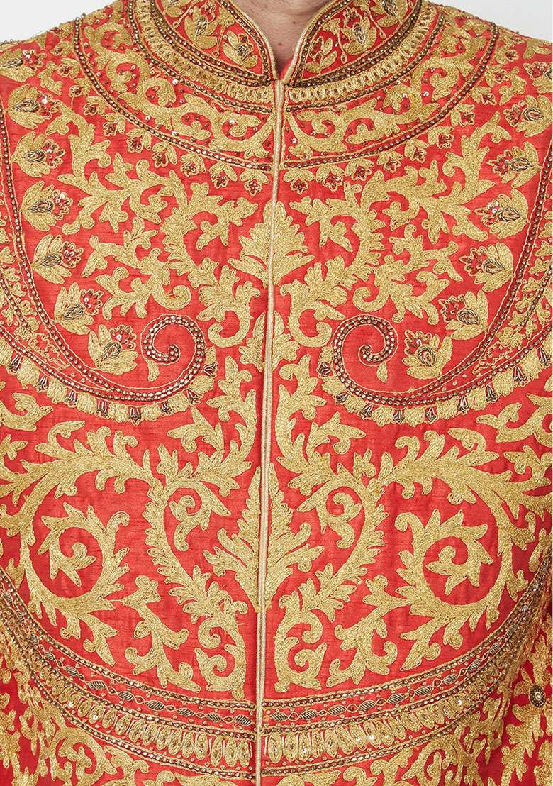 Carrot Red Embroidered Silk Blend Sherwani for Men - Indya