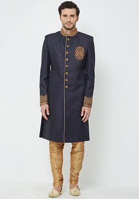 Navy Blue Embroidered Silk Sherwani for Men