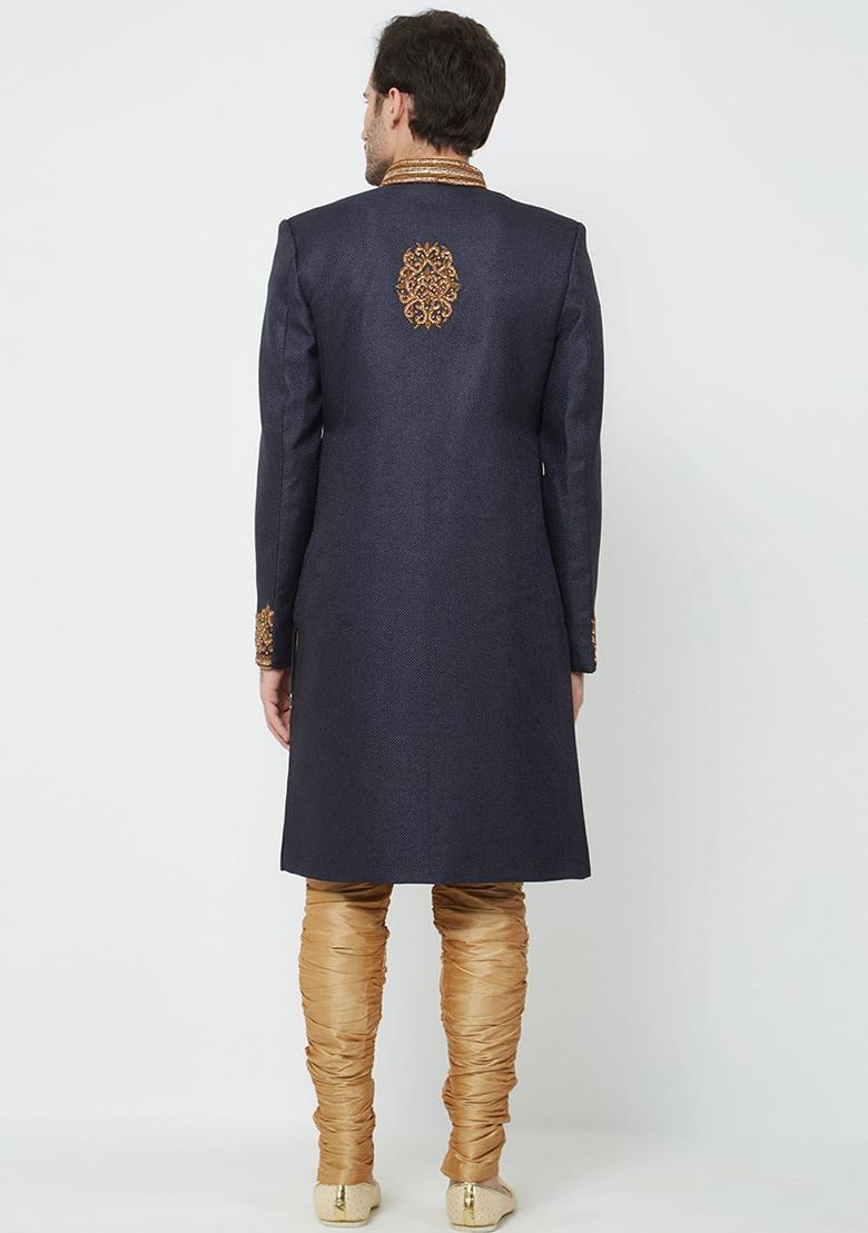 Navy Blue Embroidered Silk Sherwani for Men