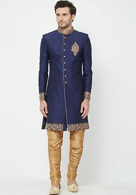 Navy Blue Embroidered Silk Sherwani for Men