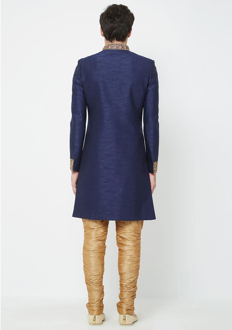 Navy Blue Embroidered Silk Sherwani for Men