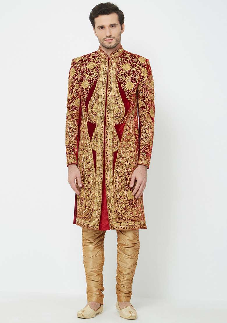 Maroon Embroidered Silk Blend Sherwani for Men - Indya