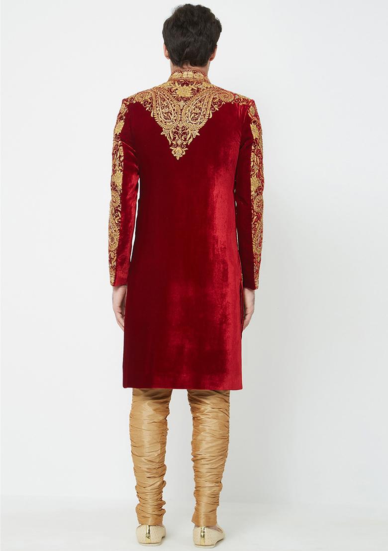 Maroon Embroidered Silk Sherwani for Men