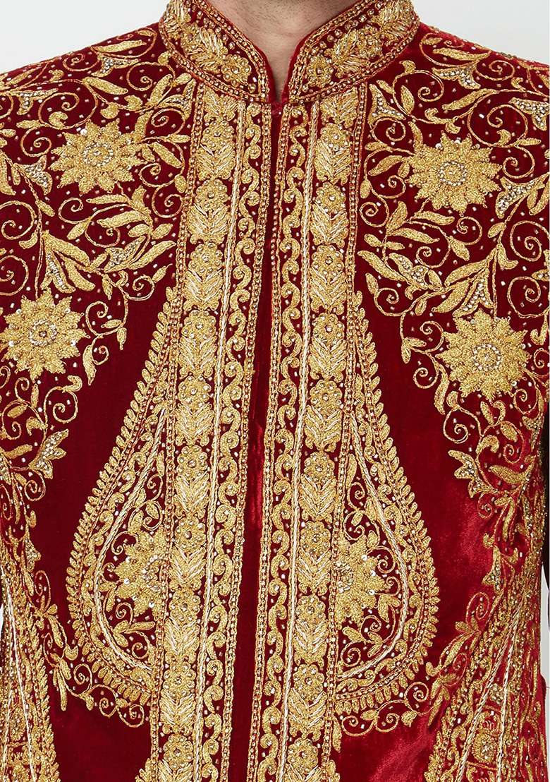 Maroon Embroidered Silk Blend Sherwani for Men - Indya