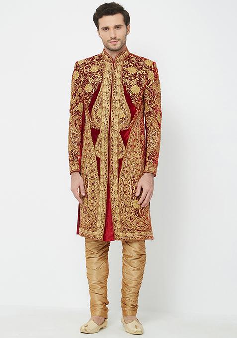 Maroon Embroidered Silk Sherwani for Men