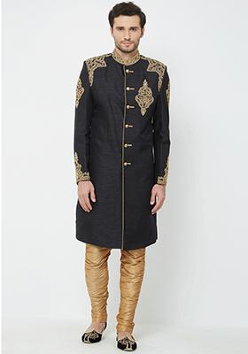 Black Embroidered Silk Sherwani for Men