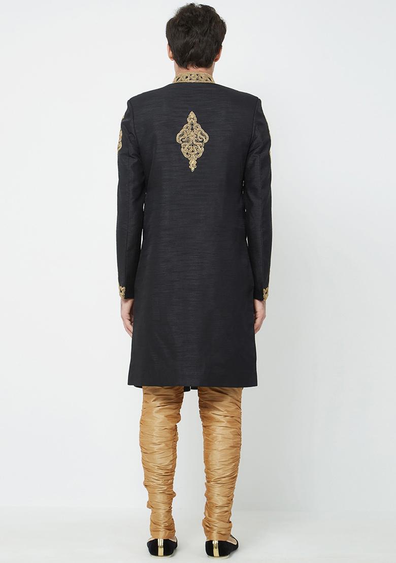 Black Embroidered Silk Sherwani for Men
