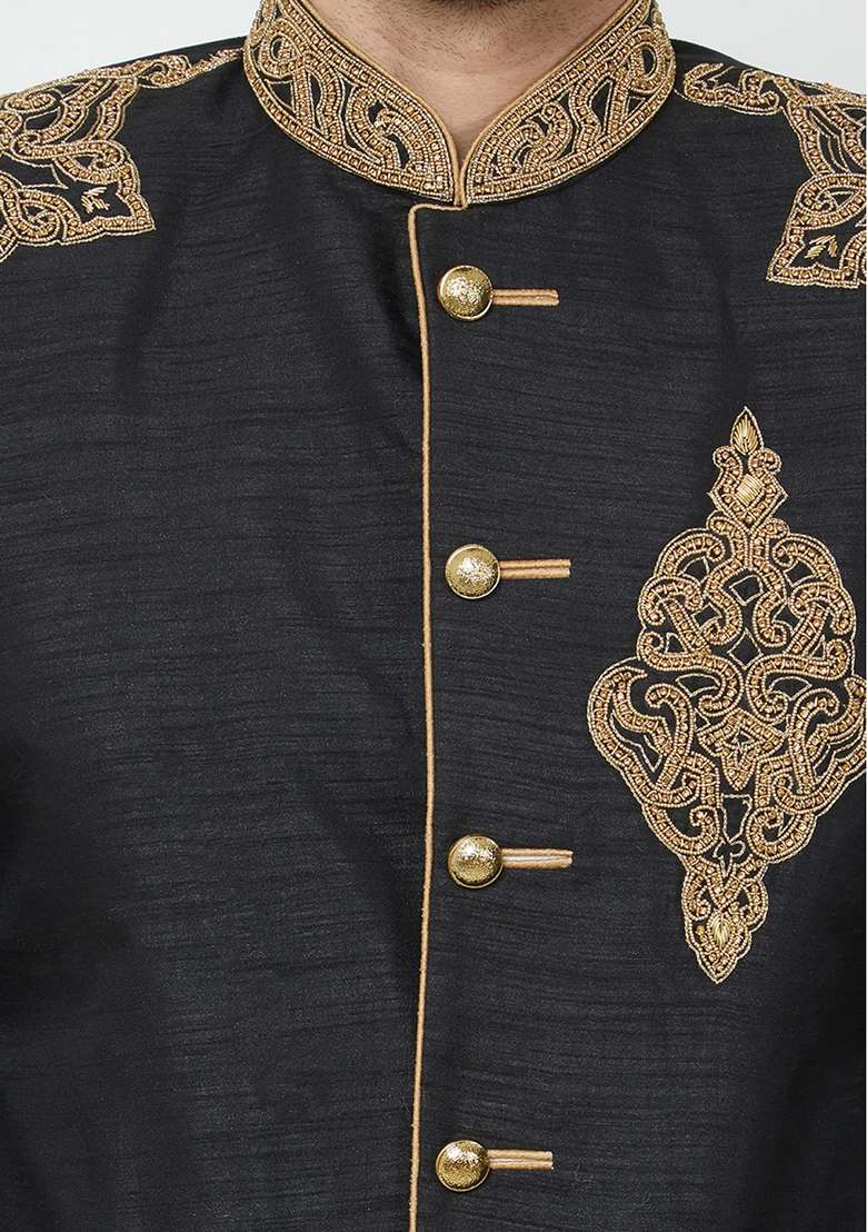 Black Embroidered Silk Blend Sherwani for Men - Indya